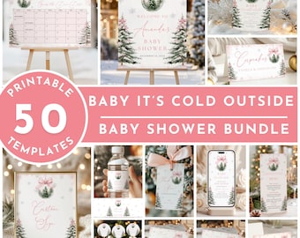 May include: A collection of baby shower templates with a winter theme. The designs feature pink bows, Christmas trees, and the text "Baby It's Cold Outside." Includes invitations, signs, and cupcake toppers.