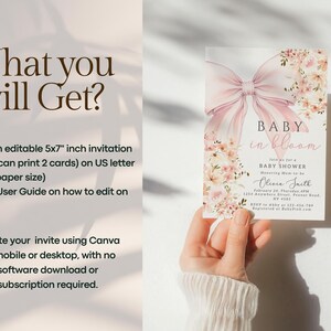 Rosa Baby in Bloom babyshowerinbjudan Redigerbar Baby in Bloom-inbjudan för bohemisk babyshower med vildblomma, vårmall för Canva bild 7