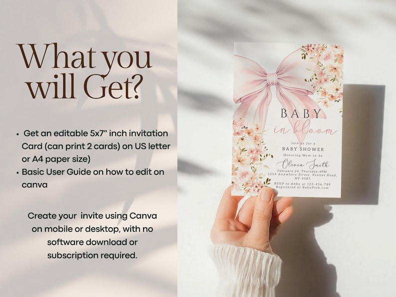 Rosa Baby in Bloom babyshowerinbjudan Redigerbar Baby in Bloom-inbjudan för bohemisk babyshower med vildblomma, vårmall för Canva bild 7