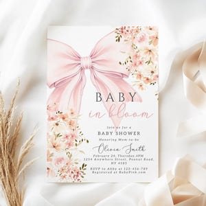 Rosa Baby in Bloom babyshowerinbjudan Redigerbar Baby in Bloom-inbjudan för bohemisk babyshower med vildblomma, vårmall för Canva bild 2