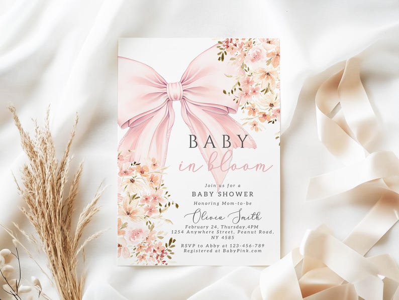 Rosa Baby in Bloom babyshowerinbjudan Redigerbar Baby in Bloom-inbjudan för bohemisk babyshower med vildblomma, vårmall för Canva bild 2