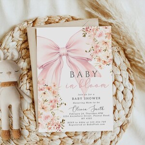 Rosa Baby in Bloom babyshowerinbjudan Redigerbar Baby in Bloom-inbjudan för bohemisk babyshower med vildblomma, vårmall för Canva bild 4