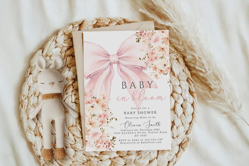 Rosa Baby in Bloom babyshowerinbjudan Redigerbar Baby in Bloom-inbjudan för bohemisk babyshower med vildblomma, vårmall för Canva bild 4