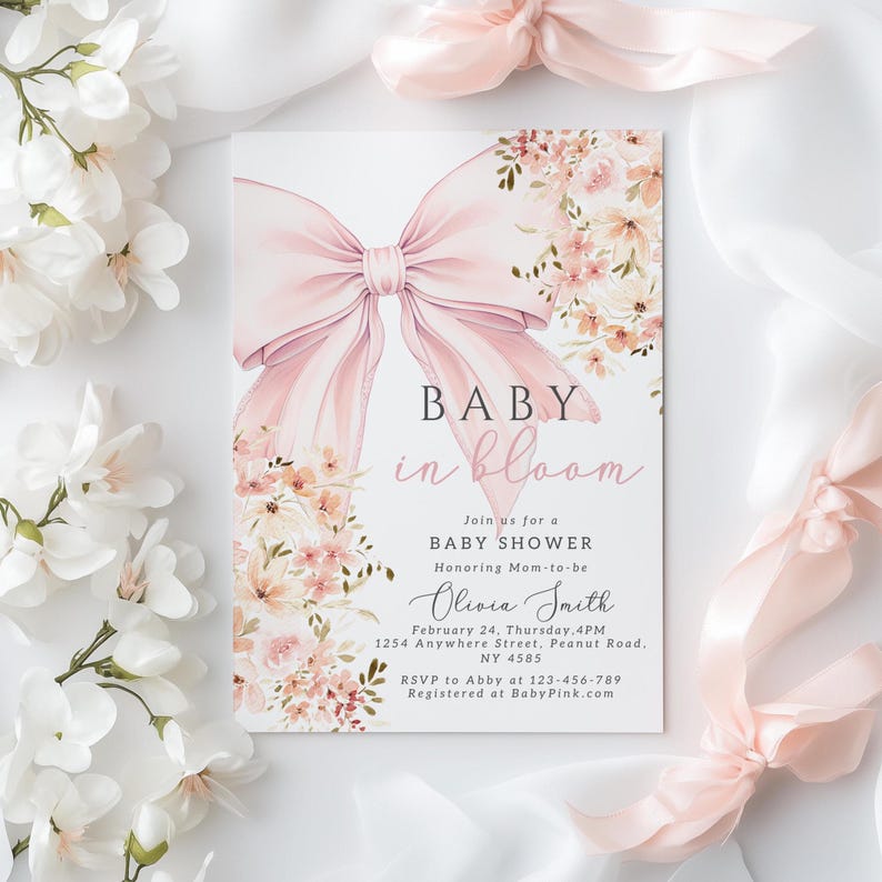 Rosa Baby in Bloom babyshowerinbjudan Redigerbar Baby in Bloom-inbjudan för bohemisk babyshower med vildblomma, vårmall för Canva bild 1