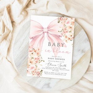 Rosa Baby in Bloom babyshowerinbjudan Redigerbar Baby in Bloom-inbjudan för bohemisk babyshower med vildblomma, vårmall för Canva bild 5