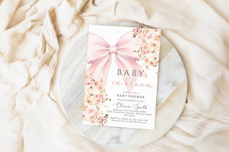 Rosa Baby in Bloom babyshowerinbjudan Redigerbar Baby in Bloom-inbjudan för bohemisk babyshower med vildblomma, vårmall för Canva bild 5