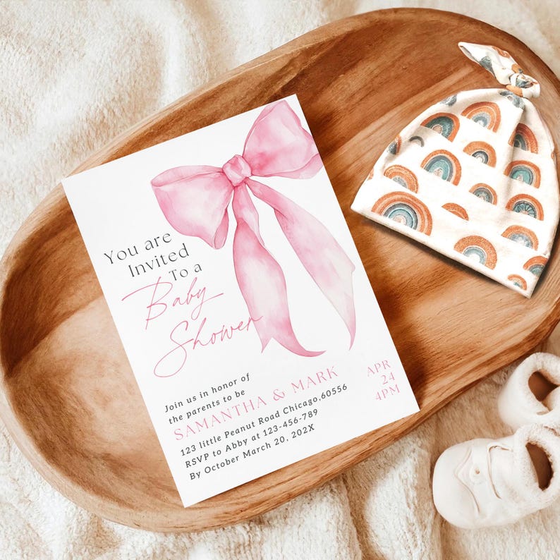 Pink Bow Baby Shower Invitation Editable Pink Bow Girl Baby Shower ...