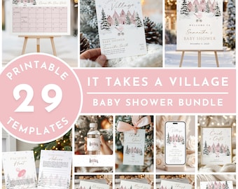 It Takes A Village Baby Shower Bundle Template Editable Winter Wonderland Holiday December Baby Shower Invitation Games Sign Favor Printable