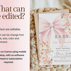 Rosa Baby in Bloom babyshowerinbjudan Redigerbar Baby in Bloom-inbjudan för bohemisk babyshower med vildblomma, vårmall för Canva bild 6