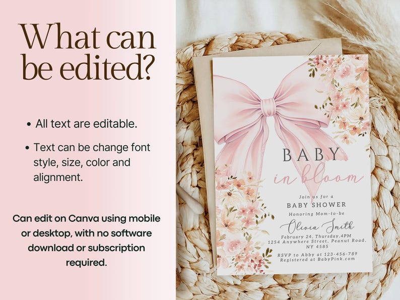 Rosa Baby in Bloom babyshowerinbjudan Redigerbar Baby in Bloom-inbjudan för bohemisk babyshower med vildblomma, vårmall för Canva bild 6