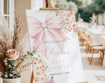 Baby i blom Rosa rosett Babyshower-välkomstskylt Mall Boho Vildblomma Klassisk Elegant Kokett Välkomstskylt Söt Rosa Band Välkomstskylt