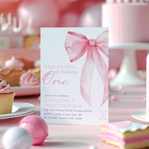 Pink Bow Birthday Invitation Editable Soft Pastel Pink Bow Elegant Coquette Girl 1st Birthday Party Invite Template Girls Just Wanna Be ONE