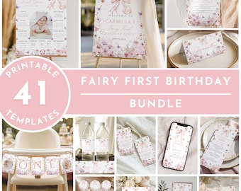 Pink Bow Fairy First Birthday Bundle Template Girl 1st Birthday Party Decorations Set Boho Fairy Garden Package Enchanted Forest Girl Bundle
