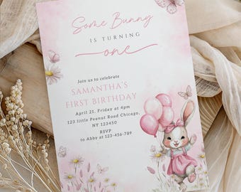 Coquette Pink Bow Bunny 1st Birthday Invitation Template Vintage Floral Rabbit Theme 1st Birthday Invitation Some Bunny 1st Birthday Invite
