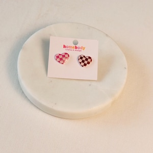 Checkered Heart Studs | Steel Stud Earrings