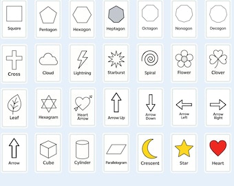 32 schede didattiche con forme geometriche, materiali per la scuola materna, materiale stampabile per la scuola domestica, decorazioni, materiali Montessori, schede didattiche con forme geometriche, download digitale