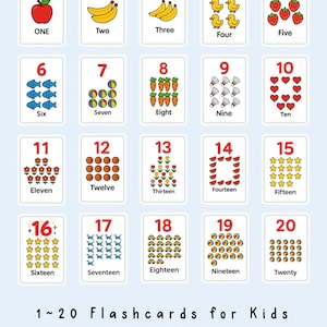 Schede didattiche con i numeri da 1 a 20 per bambini, schede di apprendimento prescolare stampabili, nomi dei numeri in inglese, decorazioni per aule Montessori, download immediato
