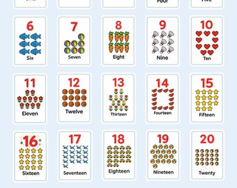 Schede didattiche con i numeri da 1 a 20 per bambini, schede di apprendimento prescolare stampabili, nomi dei numeri in inglese, decorazioni per aule Montessori, download immediato
