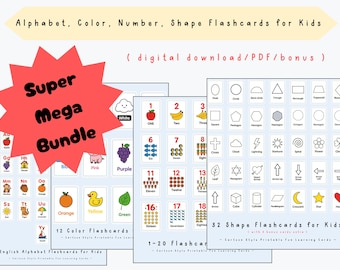 Schede didattiche con alfabeto, colori, numeri e forme per Mega Bundle, materiale stampabile per la scuola materna, per l&#39;istruzione parentale, decorazioni, Montessori, matematica, DOWNLOAD DIGITALE