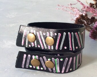 One of a Kind Leather Bracelet Set, Hand Painted Black Leather Bracelets, Handmade Modern Bohemian Jewelry by Luluanne