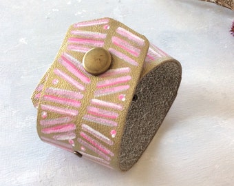 One of a Kind Leather Cuff Bracelet, Hand Painted Gold + Pink Leather Bracelet, Handmade Modern Bohomian Jewelry by Luluanne