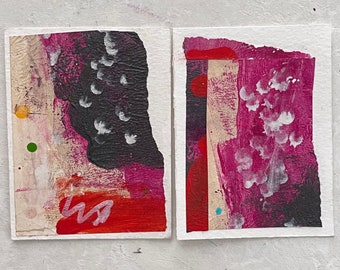 Original Collage Art Abstract Painting, Set of 2 Mini Artworks on paper,  3 x 4 inch Small Wall Art by Luluanne