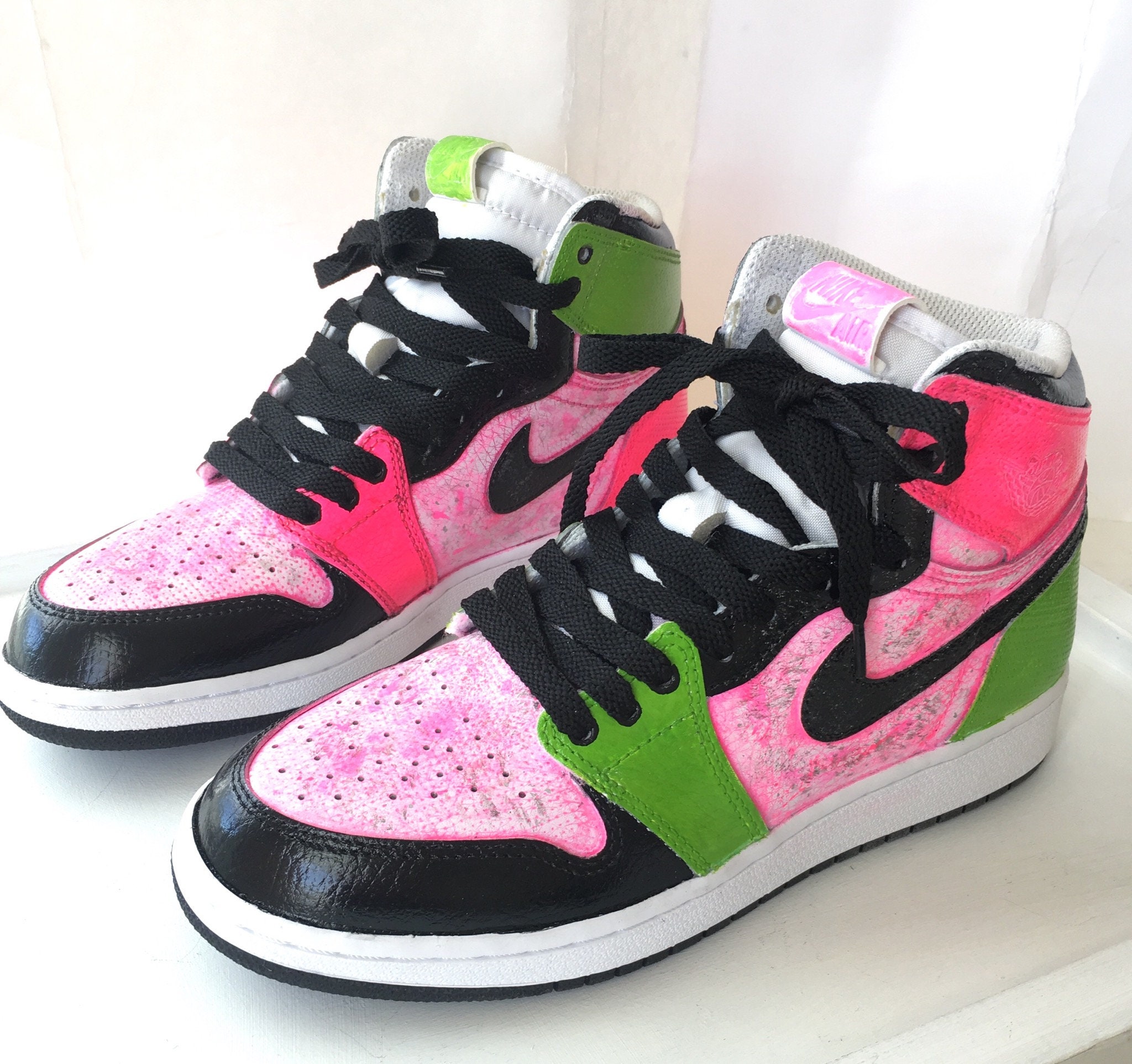 Hand Painted Nike Air Jordan 1 Neon Pink Green Black Bottom Leather Sneakers NEW Boys Size 5.5 for Women or Girls Ready to Ship OOAK Etsy UK