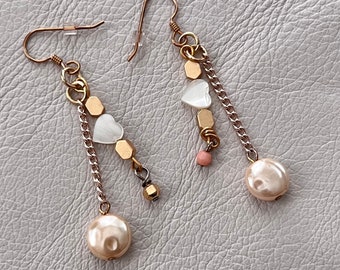 Handmade Beaded Dangle Earrings, Heart + Pearl Drop Earrings w/ Rose Gold Chain, One Of A Kind Handmade Jewelry by Luluanne