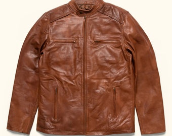 Handmade Whiskey Tan Lambskin Leather Cafe Racer Motorcycle Jacket