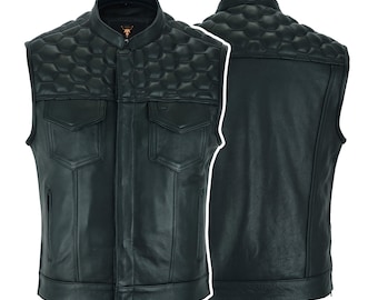 Diamond Quilted Leather Motorcycle Vest: Men's Biker Club Waistcoat
