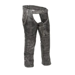 May include: Gray leather motorcycle chaps with a distressed finish. Features include a belt, zipper pockets, and snap closures at the bottom. The chaps are designed to be worn over pants for added protection and style.