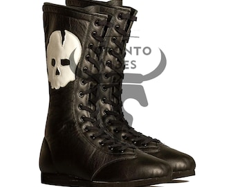Botas de lucha libre profesional de cuero hechas a mano: parche de calavera y opciones personalizadas