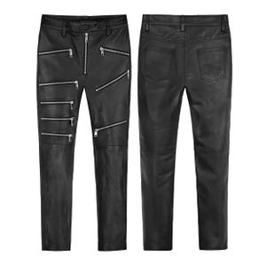 Handmade Sheepskin Leather Zipper Jeans: Slim Fit Black Pants