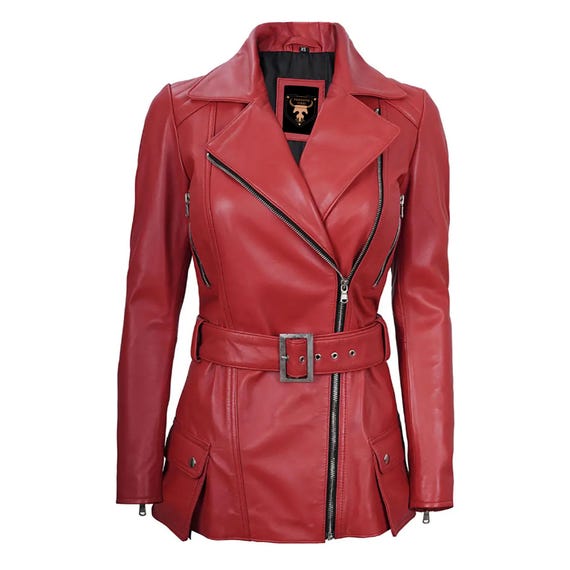 Damen personalisierte asymmetrische rote Lederjacke mit Gürtel