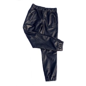 Handmade Napa Leather Joggers: Men&#39;s Black Biker Pants