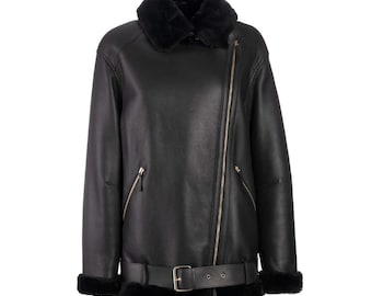 Vintage Black Leather Aviator Jacket: Handmade Shearling Sheepskin