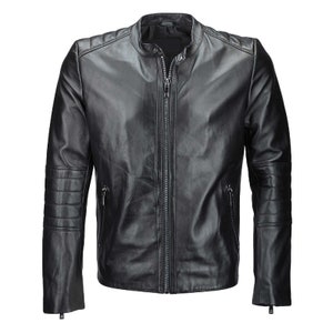 May include: A black leather jacket with a zipper closure and a stand-up collar.