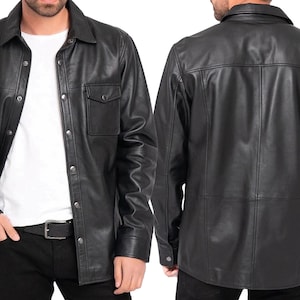 Mens Classic Front Button Style Black Leather Shirt | Lambskin Leather Shirt | Gift for Men | Handmade Genuine Leather Shirts | Suede Shirt