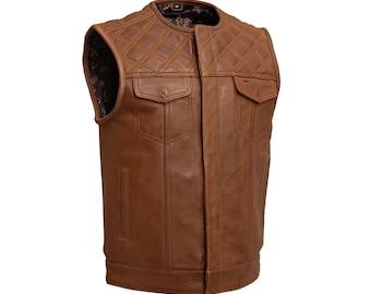 Men's Brown Leather Motorcycle Vest: Diamond Quilted Cowhide Biker Vest