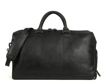 Bolsa de viaje de fin de semana de cuero negro de grano completo hecha a mano