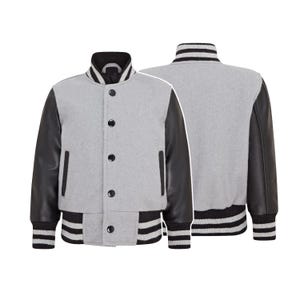 Kinder Graue Wolle Varsity Jacke: Ärmel aus echtem Leder, personalisierte Bomber