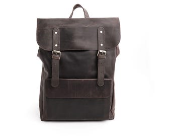 Dark Brown Leather Backpack: Handmade Vintage Rucksack, 15.5" Laptop Sleeve