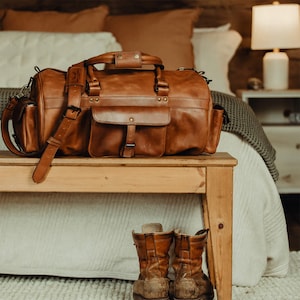 Sac de sport en cuir de buffle brun ambré, sac de sport personnalisé, sac de week-end, sac de sport et de voyage, sac de sport en cuir pour homme