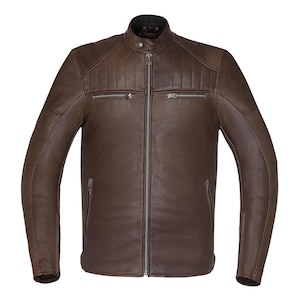 May include: A brown leather motorcycle jacket with a zip fastening and multiple pockets.