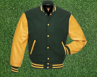 Forest Wool Varsity Jacket: Gold Leather Sleeves, Personalized Letterman