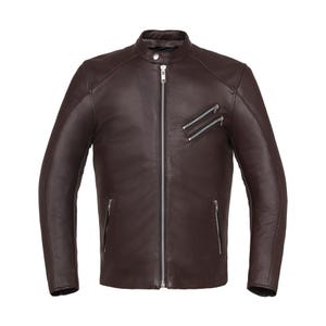 May include: A brown leather motorcycle jacket with a zip fastening and multiple pockets.