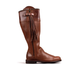 Handmade Leather Knee-High Boots: Brown Fringed Tall Boots