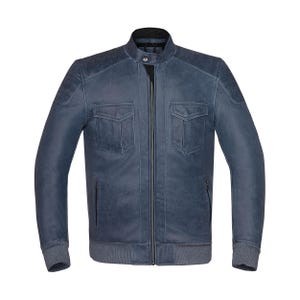 May include: A blue leather jacket with a stand-up collar, two chest pockets, and two side pockets. The jacket has a zip closure and ribbed cuffs and hem. The jacket is a solid blue colour.