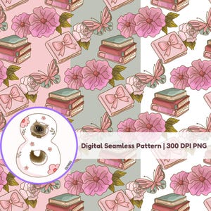 May include: Digital seamless pattern featuring pink flowers, butterflies, books, and a book with a bow. The pattern is repeated across a pink, gray, and white background. The image also includes a number 8 with a cat illustration.