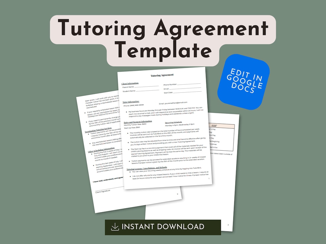 Editable Tutoring Agreement | Private Tutoring Contract Template for ...
